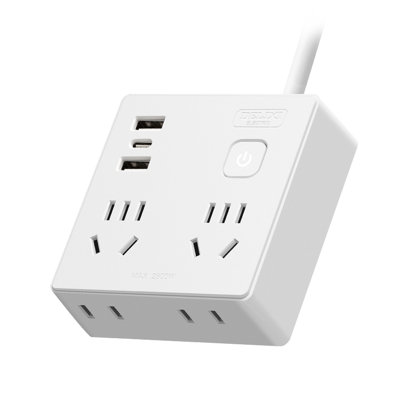 德力西H-F方形总控一转四USB快充插座 1.5米 CD98H-FK2X2Z2A1C/86 20W 白色